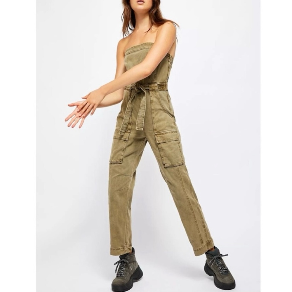 Free People Go West Utility Jumpsuit Army Sage Military Green Belted Fall Large - Picture 2 of 16